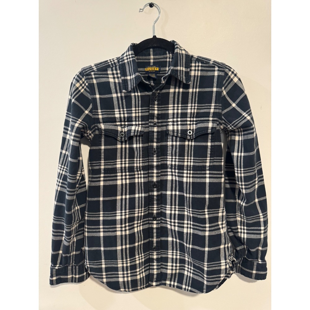 Ralph‎ Lauren Rugby Womens Navy Blue White Plaid Cotton Flannel Shirt Size 2